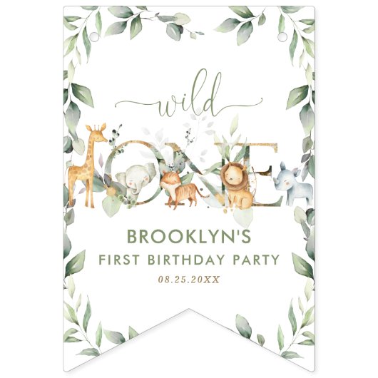 Oerwoud Dieren Greenery Wild One Happy Birthday Vlaggetjes (Eerste vlag)