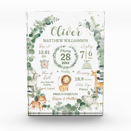 Oerwoud Dieren Groen Baby Geboorte Print Statistie Fotoblokken (Voorkant)