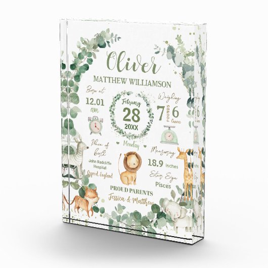 Oerwoud Dieren Groen Baby Geboorte Print Statistie Fotoblokken (Rechts)
