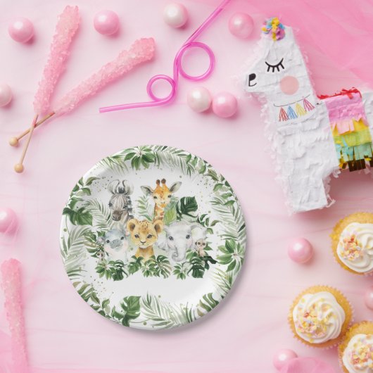 Oerwoud Dieren Groen Baby shower 1e Verjaardag Papieren Bordje (Feest)