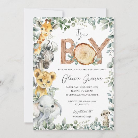 Oerwoud Dieren Groen Safari Jongen Baby shower Kaart (Voorkant)