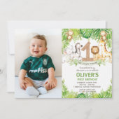 Oerwoud Dieren Groene Safari 1e Verjaardag Foto Kaart (Voorkant)