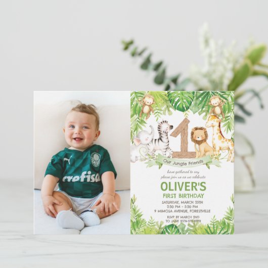 Oerwoud Dieren Groene Safari 1e Verjaardag Foto Kaart (Staand voorkant)