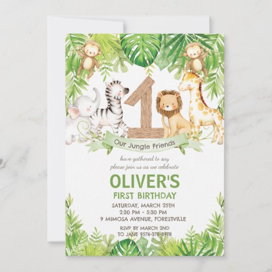 Oerwoud Dieren Groene Safari 1e Verjaardagsfeest Kaart (Voorkant)