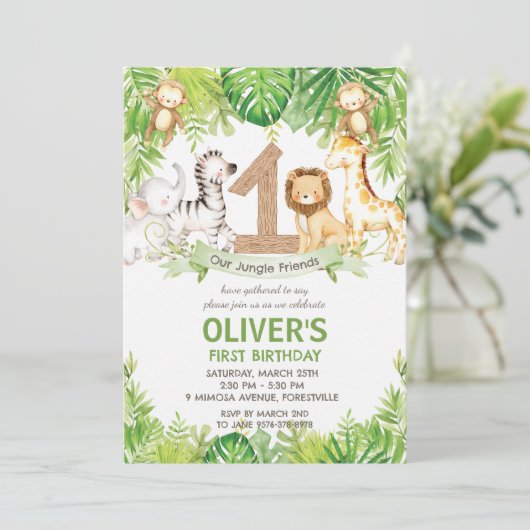 Oerwoud Dieren Groene Safari 1e Verjaardagsfeest Kaart (Staand voorkant)