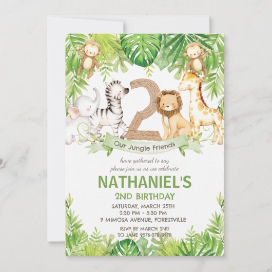Oerwoud Dieren Groene Safari 2e Verjaardagsfeest Kaart (Voorkant)