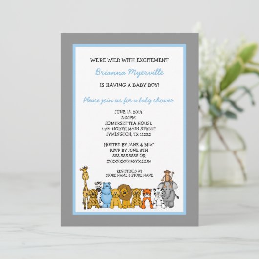 Oerwoud Dieren Jongen Baby shower nodigt uit Kaart (Staand voorkant)