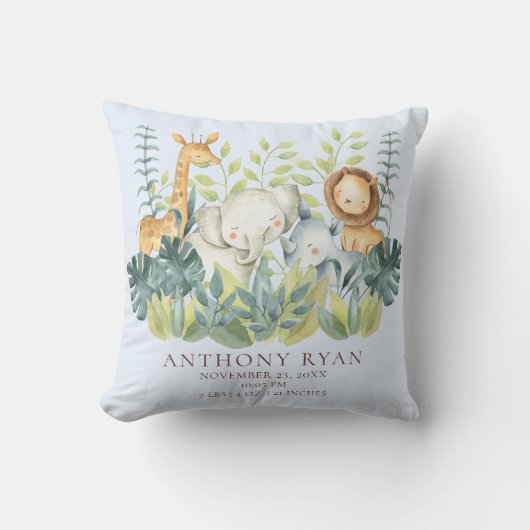 Oerwoud Dieren Jongens Baby Geboorte Stats Kussen (Voorkant)