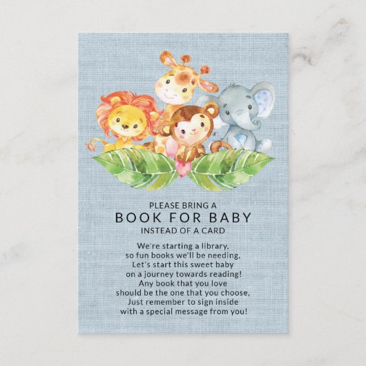 Oerwoud Dieren Jongens Baby shower Boek voor Baby Informatiekaartje (Voorkant)