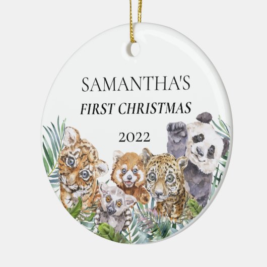 Oerwoud dieren klappen eerste kerstmonogram keramisch ornament (Links)