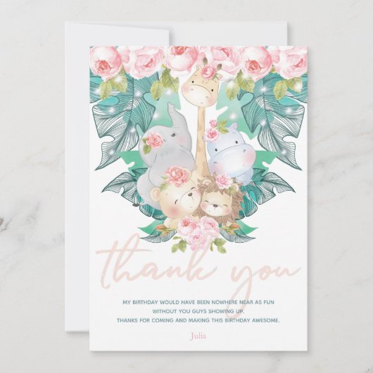 Oerwoud Dieren Meisje Verjaardag Bedankkaart (Voorkant)