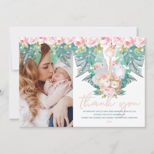 Oerwoud Dieren Meisje Verjaardag Foto Bedankkaart (Voorkant)