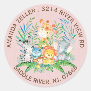 Oerwoud Dieren Meisjes Baby shower Adreslabel Ronde Sticker
