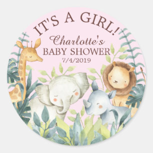 Oerwoud Dieren Meisjes Baby shower Dank u Favor Ronde Sticker