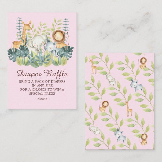 Oerwoud Dieren Meisjes Baby shower Luiere Raffle Informatiekaartje (Voorkant / Achterkant)