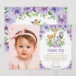 Oerwoud Dieren Paars Floral 1e verjaardag Foto Bedankkaart