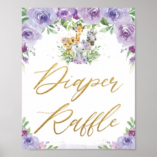 Oerwoud Dieren Paars Floral Diaper Raffle Sign Poster (Voorkant)