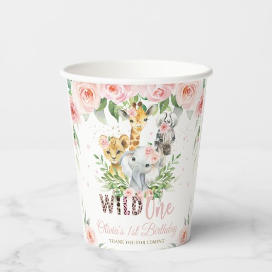 Oerwoud Dieren Roze Bloemen 1e Verjaardag Wild One Papieren Bekers (Achterkant)