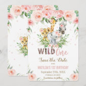 Oerwoud Dieren Roze Bloemen Save the Date Kaart (Voorkant / Achterkant)