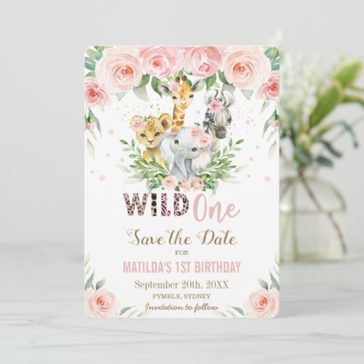Oerwoud Dieren Roze Bloemen Save the Date Kaart (Staand voorkant)