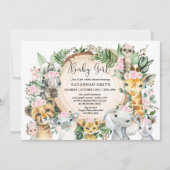 Oerwoud Dieren Roze Blush Floral Baby Girl Shower Kaart (Voorkant)