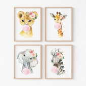 Oerwoud Dieren, Roze Bubble Gum, Meisje Kwekerij Muurkunst Sets