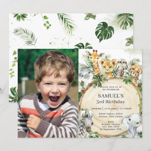 Oerwoud dieren Rustisch hout Slice Birthday Foto Kaart