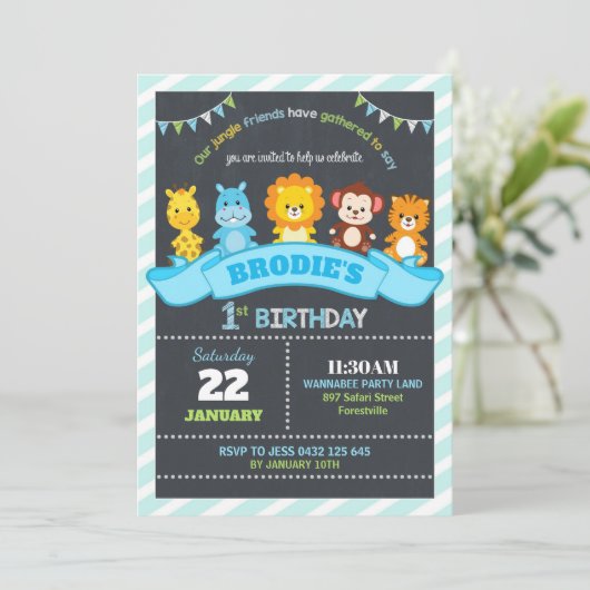 Oerwoud Dieren Safari 1e verjaardag Uitnodigingen  (Staand voorkant)