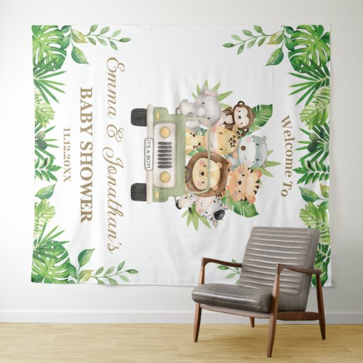 Oerwoud Dieren Safari Auto Baby shower Achtergrond Wandkleed (In Situ (horizontaal))