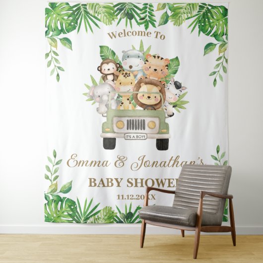 Oerwoud Dieren Safari Auto Baby shower Achtergrond Wandkleed (In situ)