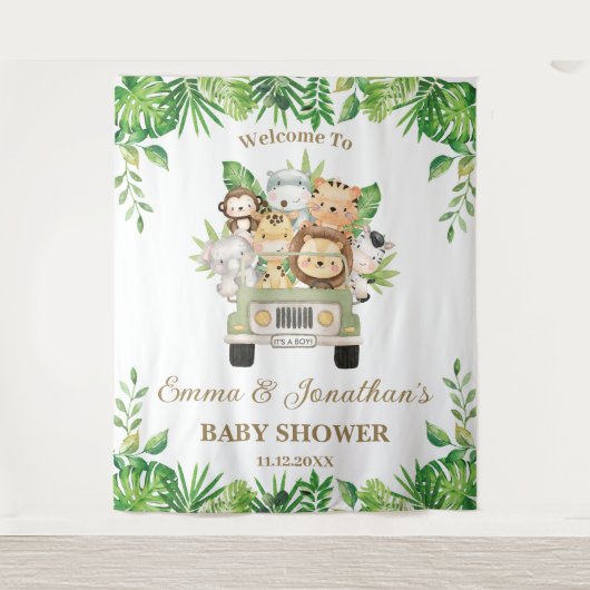 Oerwoud Dieren Safari Auto Baby shower Achtergrond Wandkleed (Voorkant)
