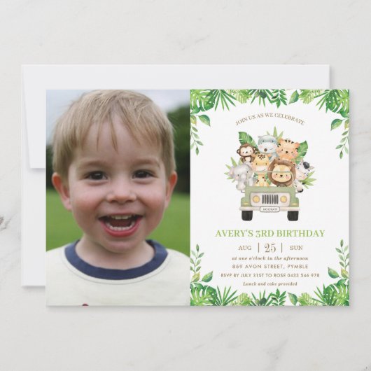 Oerwoud Dieren Safari Auto Groen Verjaardag Foto Kaart (Voorkant)