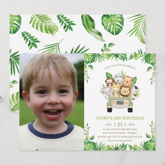 Oerwoud Dieren Safari Auto Groen Verjaardag Foto Kaart (Voorkant / Achterkant)