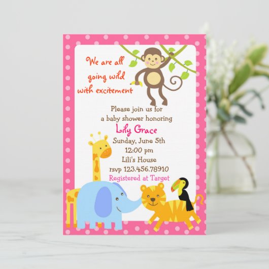 Oerwoud Dieren Safari Baby Shower-uitnodigingen Kaart (Staand voorkant)