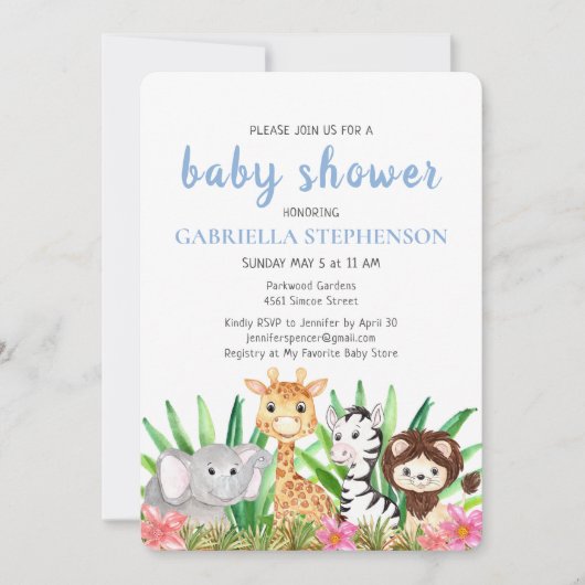 Oerwoud Dieren Safari Blue Baby shower Invitation Kaart (Voorkant)