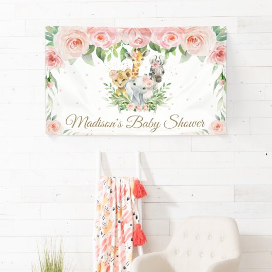 Oerwoud Dieren Safari Blush Pink Floral Backdrop Spandoek (Insitu)