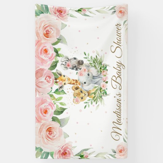 Oerwoud Dieren Safari Blush Pink Floral Backdrop Spandoek (Verticaal)