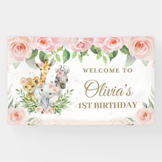 Oerwoud Dieren Safari Blush Pink Floral Backdrop Spandoek (Horizontaal)