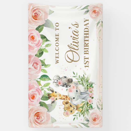 Oerwoud Dieren Safari Blush Pink Floral Backdrop Spandoek (Verticaal)