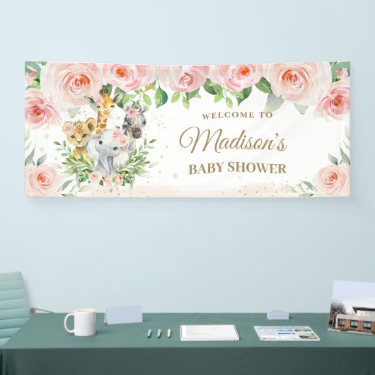 Oerwoud Dieren Safari Blush Pink Floral Backdrop Spandoek (Beurs)