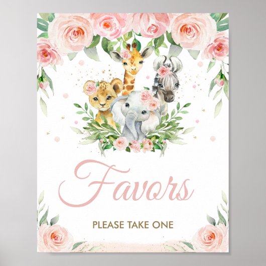 Oerwoud Dieren Safari Blush Pink Floral Favors Poster (Voorkant)