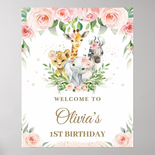 Oerwoud Dieren Safari Blush Pink Floral Welcome Poster (Voorkant)