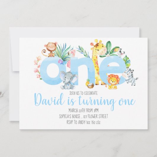 Oerwoud Dieren Safari Boy Blue Schattige 1e Verjaa Kaart (Voorkant)