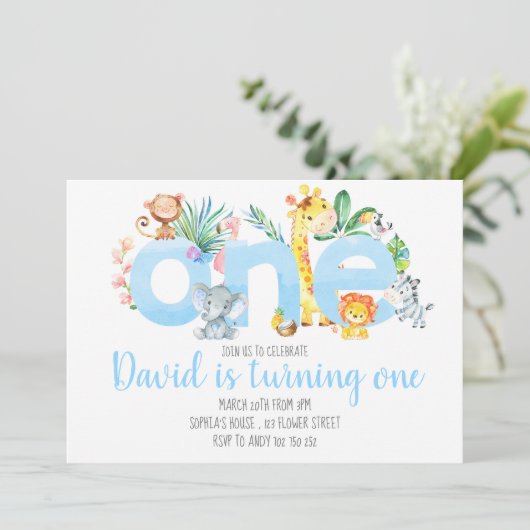 Oerwoud Dieren Safari Boy Blue Schattige 1e Verjaa Kaart (Staand voorkant)