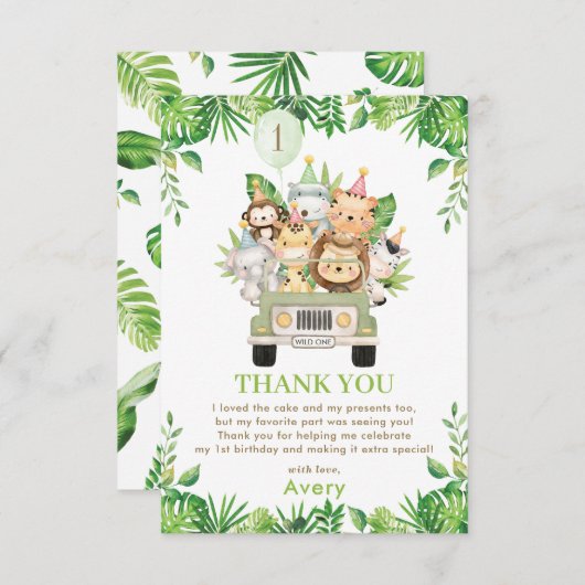 Oerwoud Dieren Safari Car Greenery 1e verjaardag Bedankkaart (Voorkant / Achterkant)