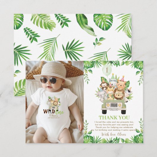 Oerwoud Dieren Safari Car Greenery 1e verjaardag Bedankkaart (Voorkant / Achterkant)