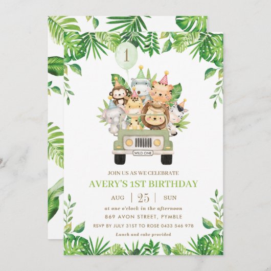 Oerwoud Dieren Safari Car Greenery 1e verjaardag Kaart (Voorkant / Achterkant)