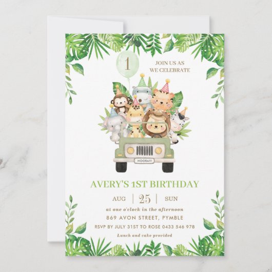 Oerwoud Dieren Safari Car Greenery 1e verjaardag Kaart (Voorkant)