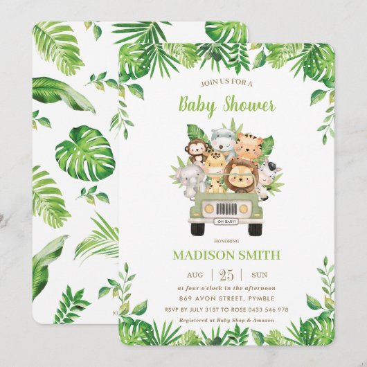 Oerwoud Dieren Safari Car Greenery Baby shower Kaart (Voorkant / Achterkant)