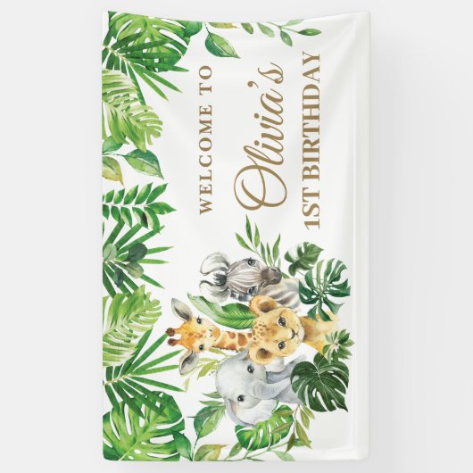 Oerwoud Dieren Safari Groen Verjaardagsachtergrond Spandoek (Verticaal)